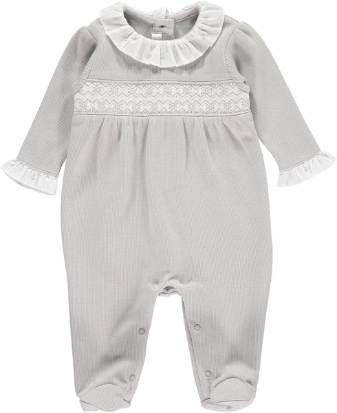 Grey Knitted Pima Cotton Babygrow With Smocked Chest Detail - Bebe Bombom