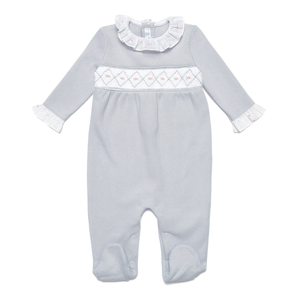 Grey Pima Cotton Babygrow with Handsmocked Detail - Bebe Bombom