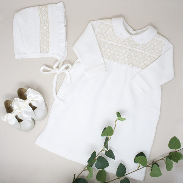 Off White Handsmocked Christening Set - Bebe Bombom