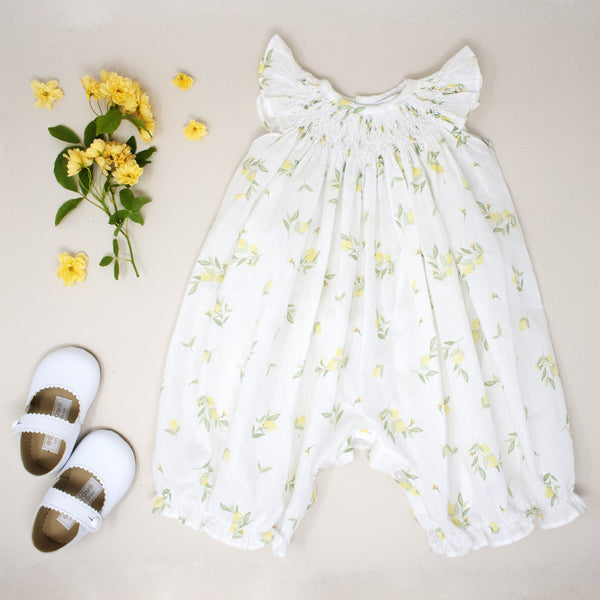 Handsmocked Romper with Lemon Print - Bebe Bombom