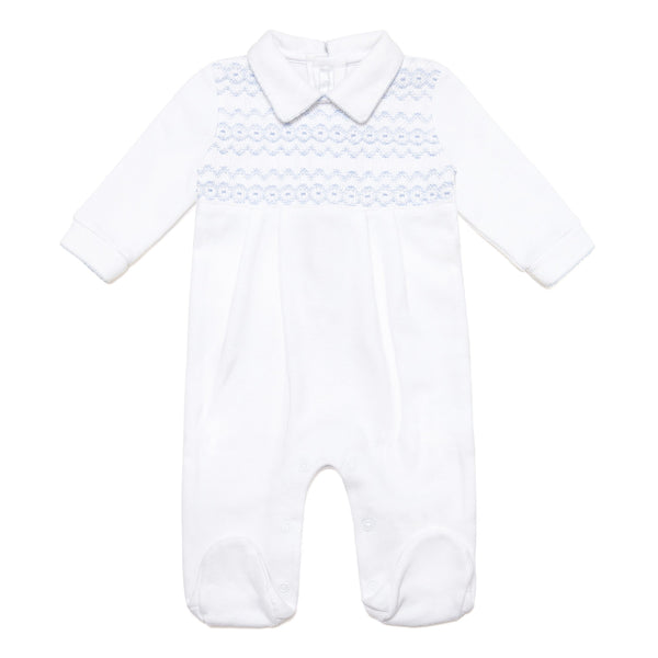 White & Blue Smocked Pima Cotton Babygrow - Bebe Bombom