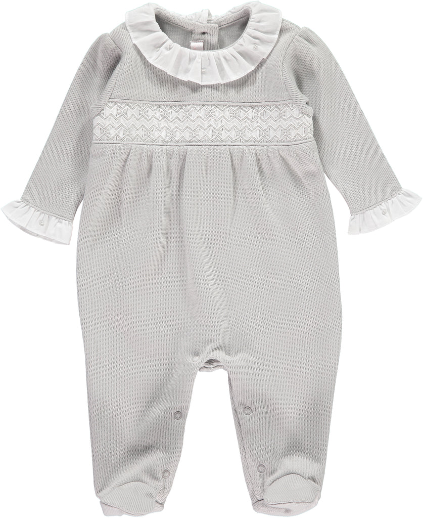 Grey Knitted Pima Cotton Babygrow With Smocked Chest Detail - Bebe Bombom